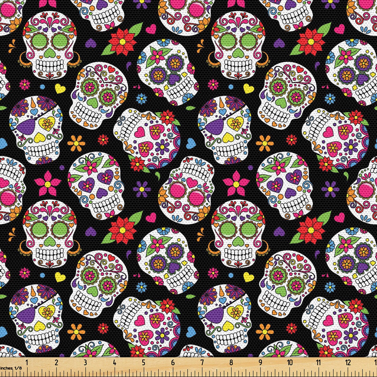 Ambesonne Sugar Skull Fabric by The Yard, All Souls Day Floral Colorful Sugar Skulls Flowers on Dark Background Print, Decorative Fabric for Upholstery and Home Accents, 3 Yards, Black Fuchsia
